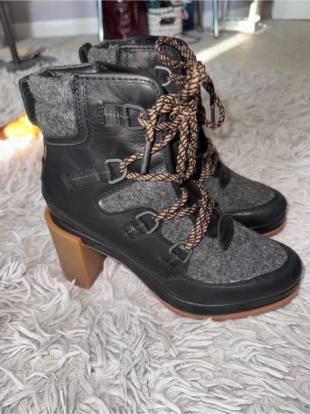 New Sorel Blake Lace Waterproof Leather Felt Heeled Boots Black 7.5